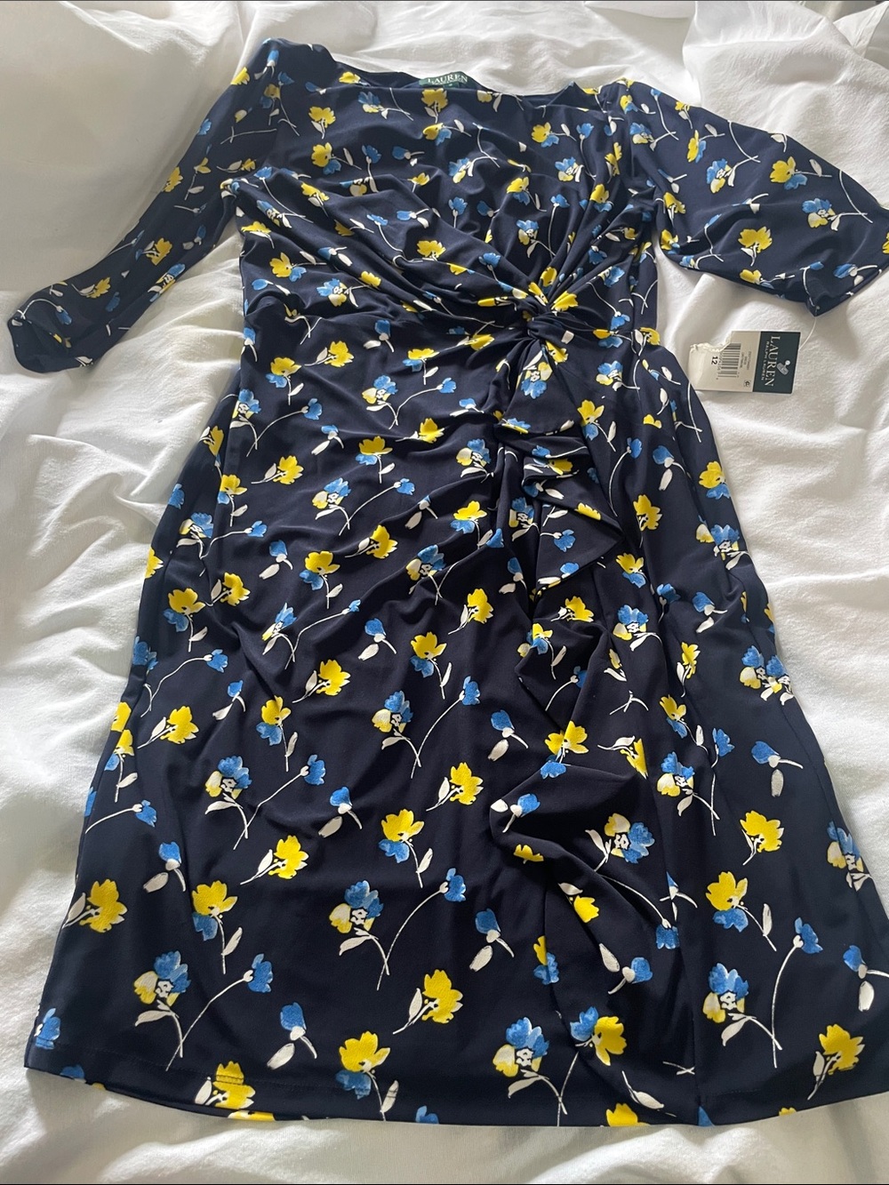 Lauren Ralph Lauren Navy Floral Midi Dress with Yellow & Blue Blossoms